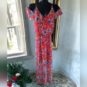 Emma & Michelle Floral Ruffled Cold Shoulder Maxi Dress